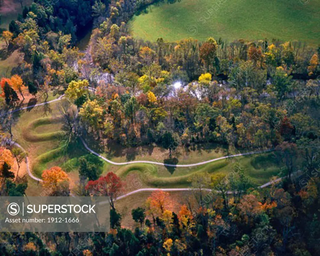 Autumn Aerial View of Serpent Mound  HopewellAdena Culture Mounds along Brush Creek  Serpent Mound State Memorial  Ohio