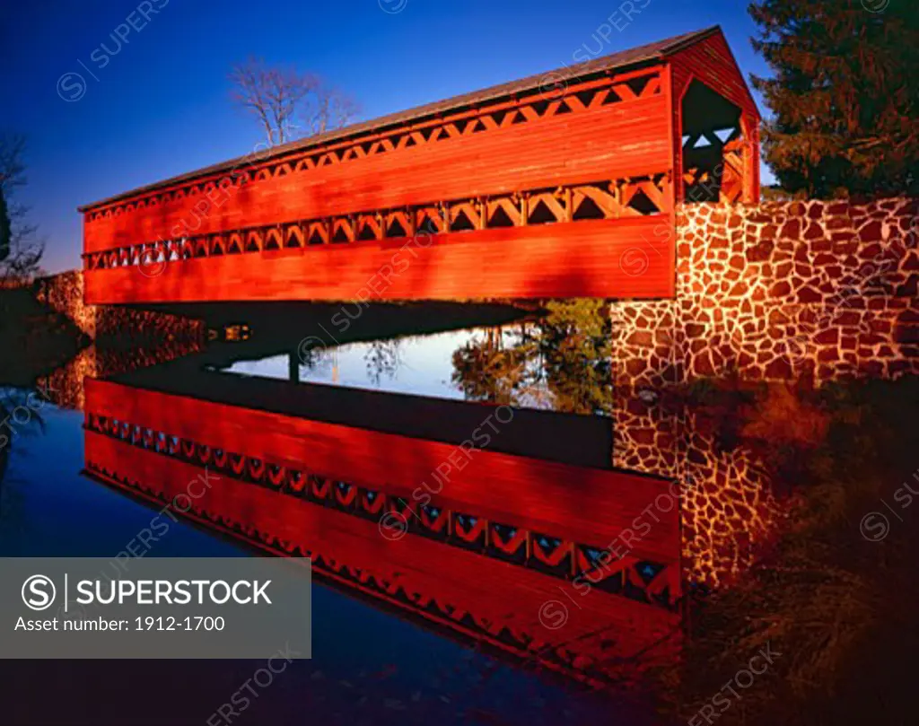 Summer Sunrise at Saucks Covered Bridge and Reflection  Originally built in 1854  Gettysburg  Pennsylvania