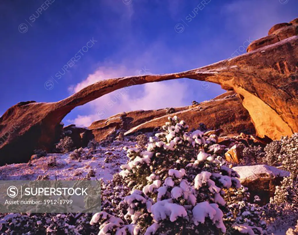 Unusual Heavy Snow at Landscape Arch on Winter Dawn  Devils Garden  Arches National Park  Utah
