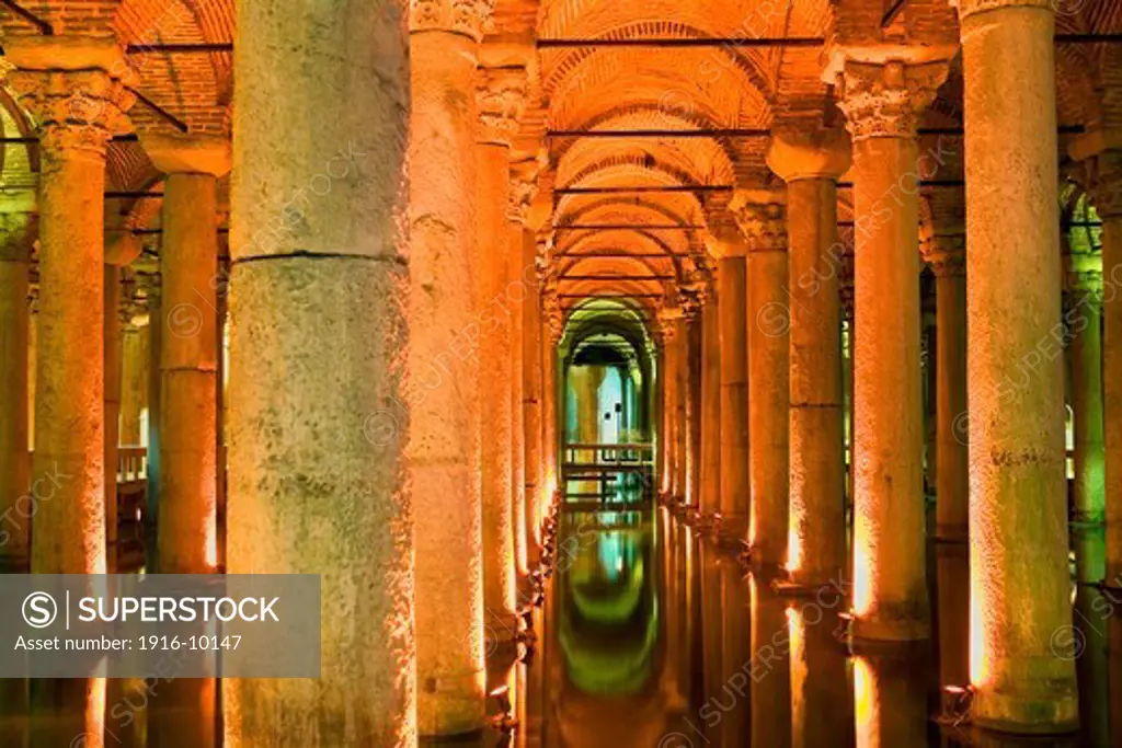 Yerebatan Cistern Museum. Byzantine cisterns, was built by Justinian in 532AD. It is supported by 336 columns and once held over 80,000 cubic metres of water. Istanbul. Turkey.
