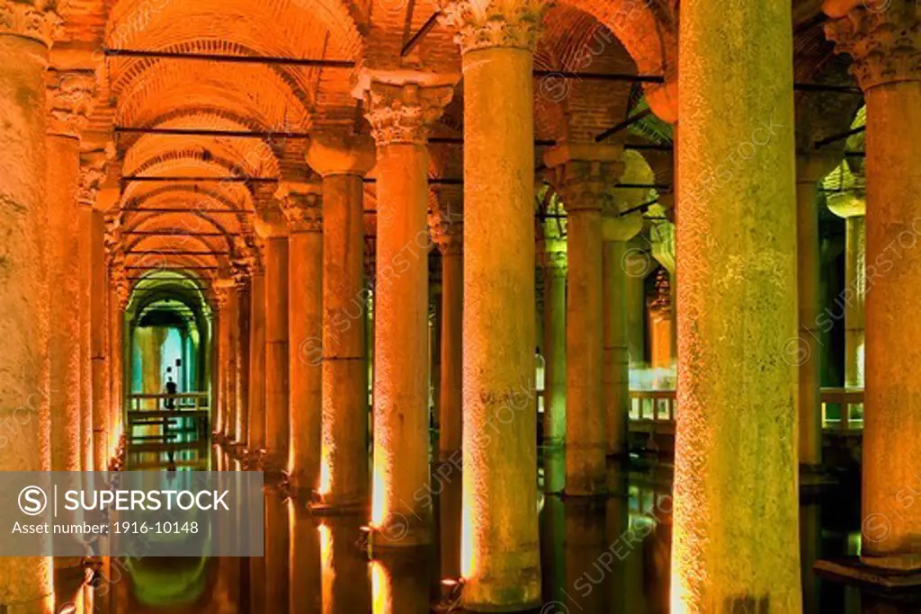 Yerebatan Cistern Museum. Byzantine cisterns, was built by Justinian in 532AD. It is supported by 336 columns and once held over 80,000 cubic metres of water. Istanbul. Turkey.