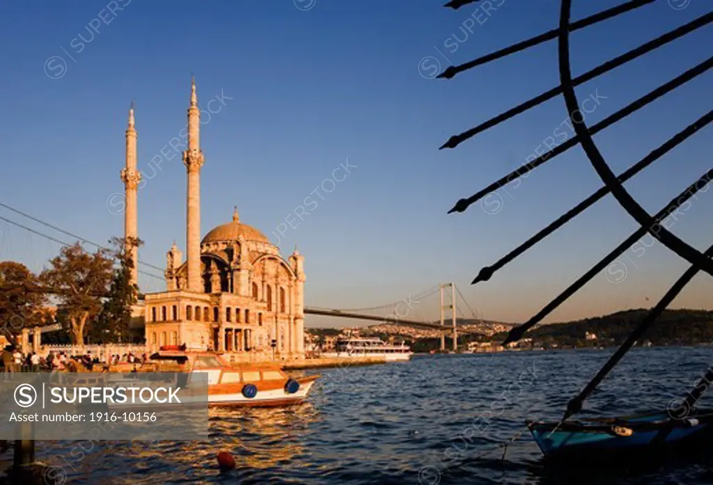 Mecidiye Ortakoy mosque and Bosphorus Strait. In background  Bosphorus Bridge (Bogazici bridge)