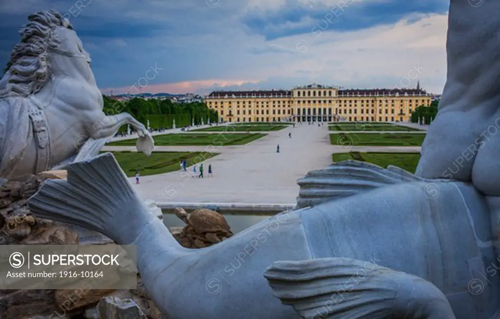 Schí¶nbrunn Palace and gardens from Neptune fountain, Vienna, Austria, Europe