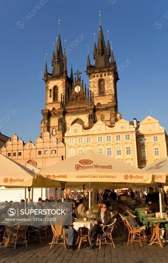 Outdoor bar in The Old town square, and the Tyn church.Prague. Czech Republic