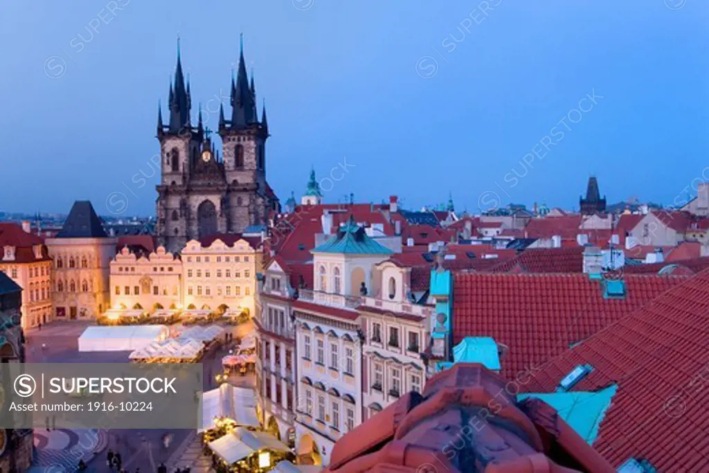The Old town square with  the Tyn church. At right housetops and  Powder tower.Prague. Czech Republic