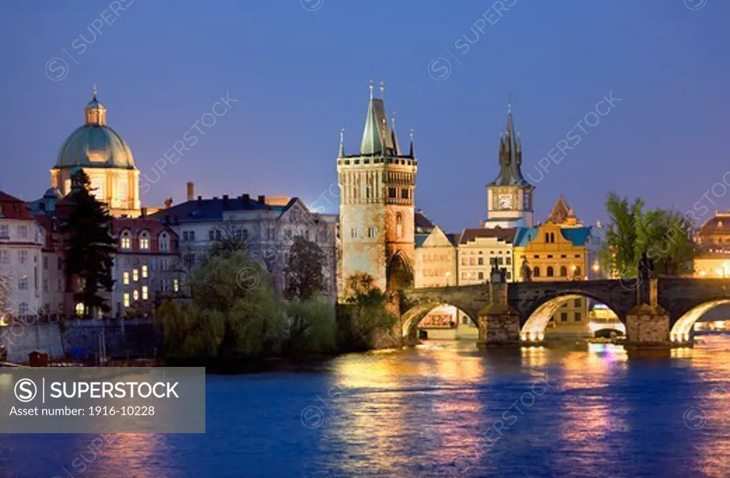 Old town and  Vltava River , as seen from Malá strana. At right Charles Bridge.Prague. Czech Republic