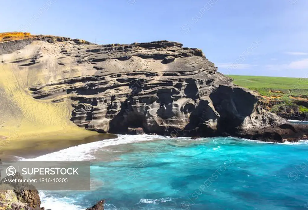 Landscpae of Secluded Green Sand Beach or Papakolea Beach near the South Point, Big Island, Hawaii