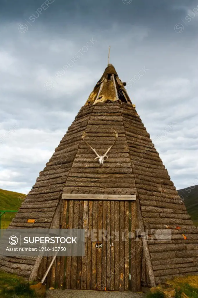 Traditional hut with a reindeer antlers. Iceland.
