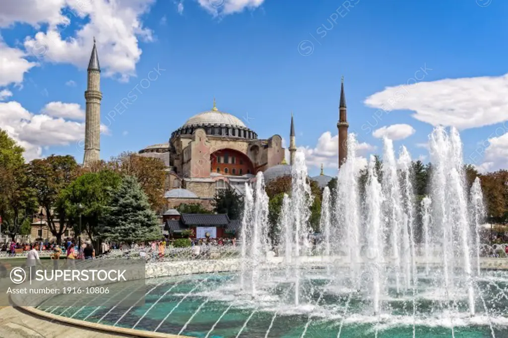 The Aya Sofya or Hagia Sophia as seen from the Sultan Ahmed Park during daytime in Istanbul, Turkey. This former church and mosque is listed as a UNESCO world heritage site.
