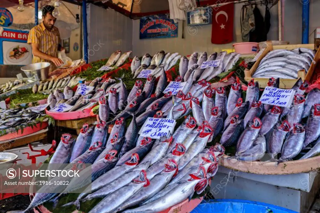 Fresh fish displayed at a market in Karakoy in Istanbul, Turkey.
