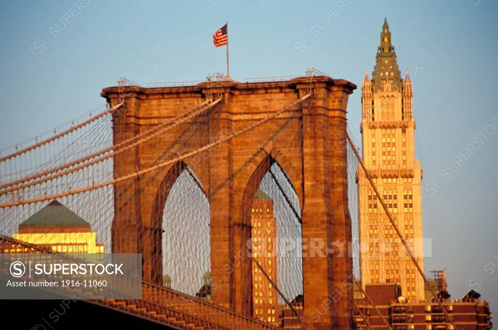 Brooklyn Bridge And Woolworth Building; Lower Manhattan, New York, New York, USA