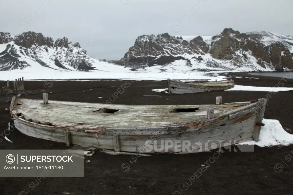 Whaling skiffs at abandoned whaling station. Antarctica Deception Island