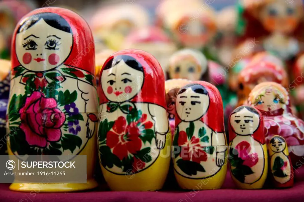 Table full of Russian Matrioshka dolls for sale by street vendor in Central Park, New York, NY