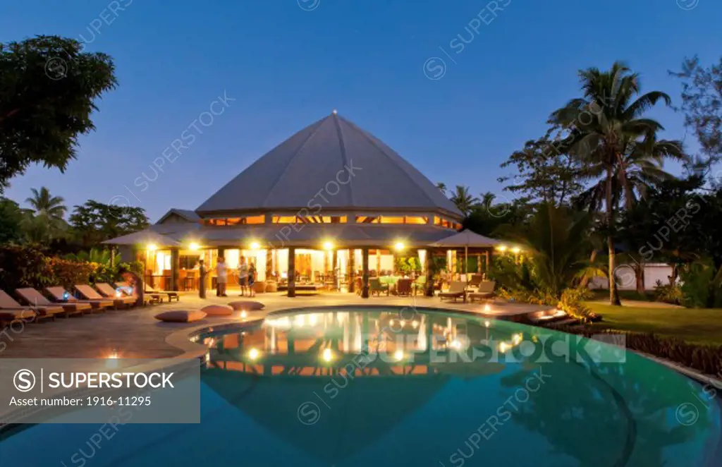 Dining room pavillion and swimming pool at Matangi Private Island Resort, Fiji.