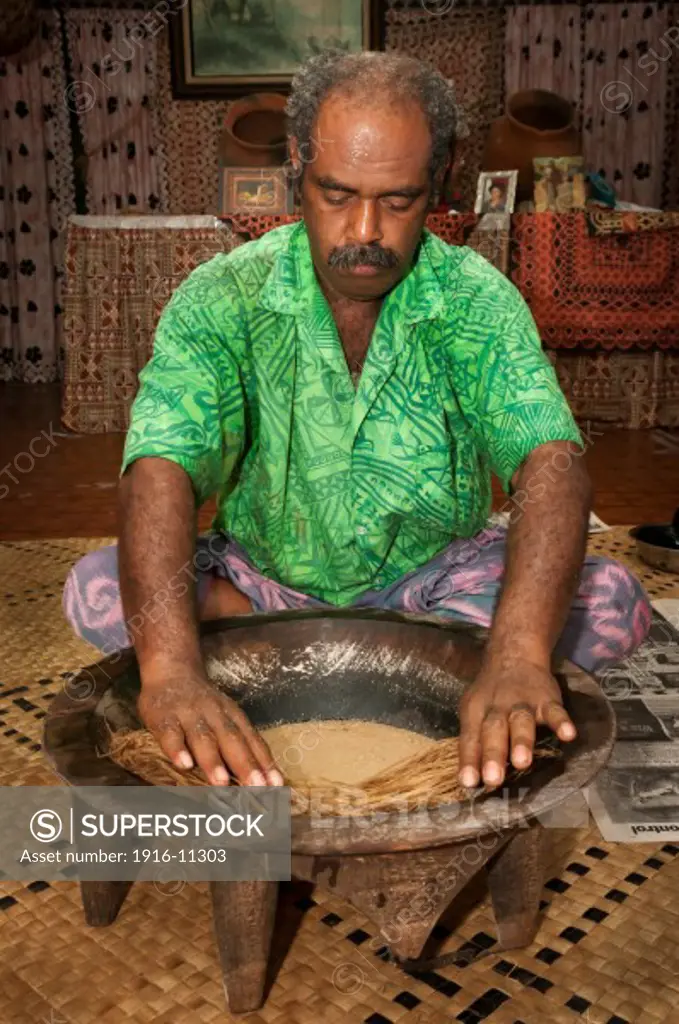 Tui Talili preparing kava for guests at Bulou's Eco Lodge, Navala Village, Viti Levu Island, Fiji.