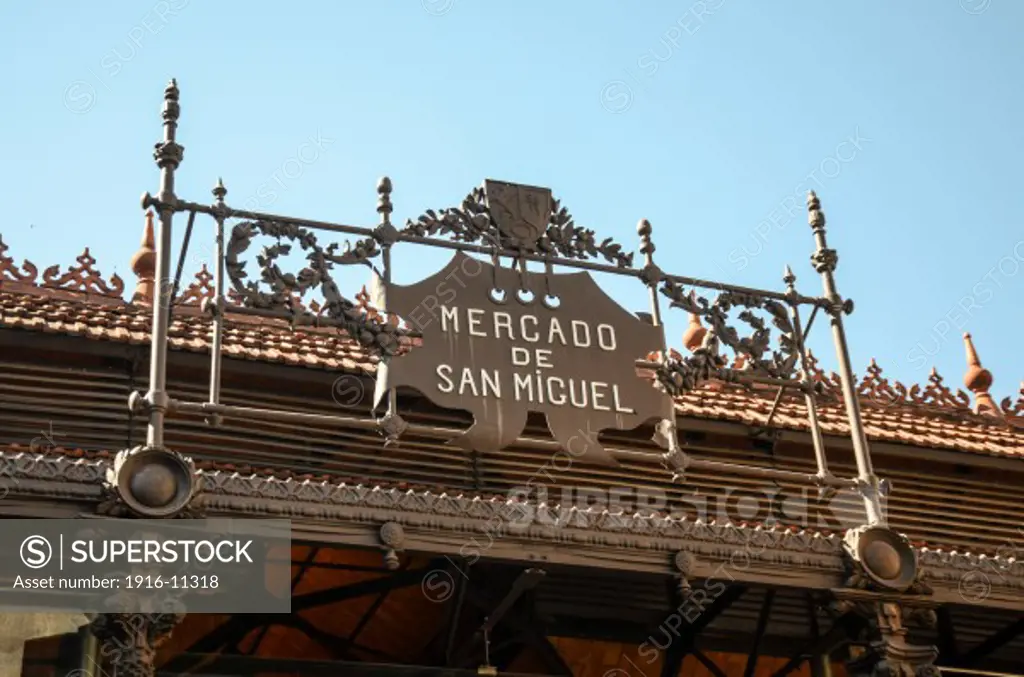 Sign and detail of San Miguel Market faí§ade in Madrid, Spain