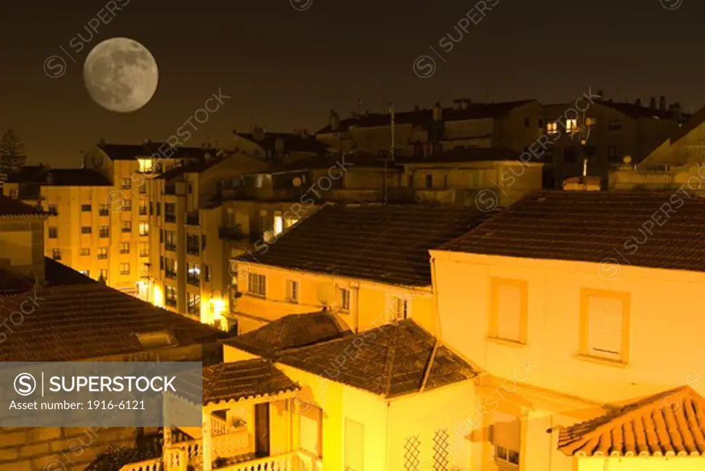 Spain, Galicia, Vigo, Full Moon over Bouzas