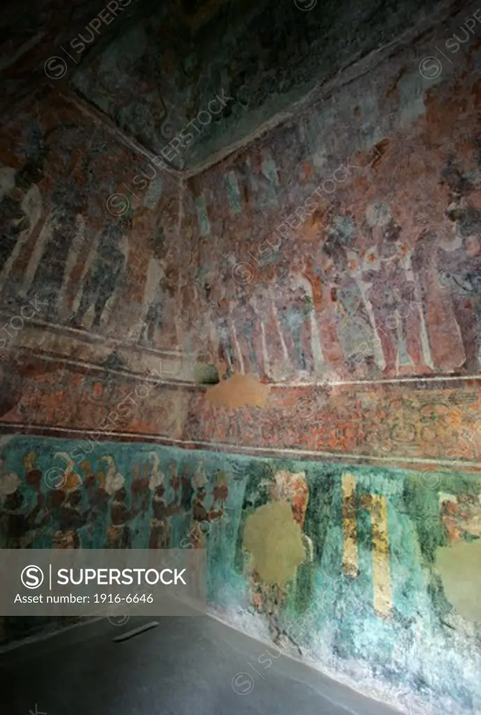 Mexico, Chiapas, Bonampak Archaeology Site, Fresco in temple interior