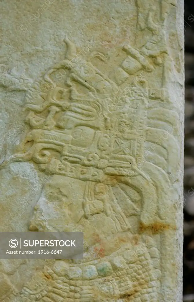 Mexico, Chiapas, Bonampak Archaeology Site, Detail of temple bas-relief