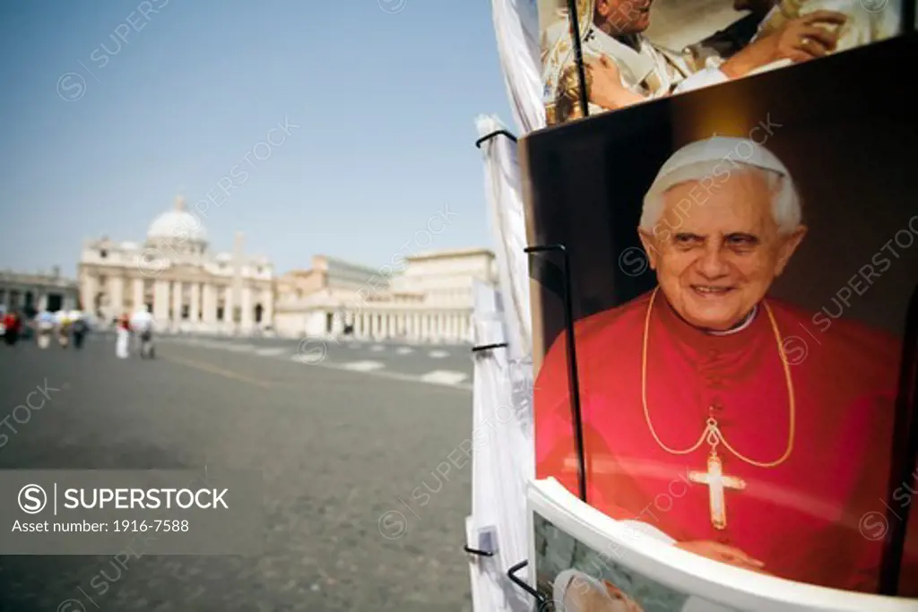 Vatican, Vatican city, close-up of postcards with image of popes Benedict XVI and John Paul II