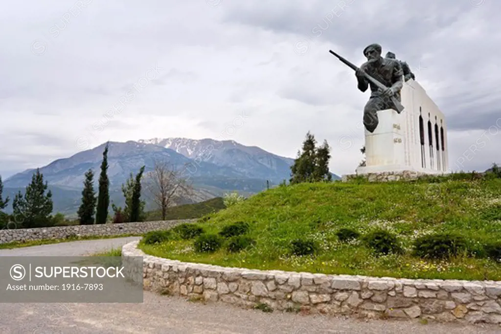 Monument of soldiers with Mount Parnassus in the background, Greece