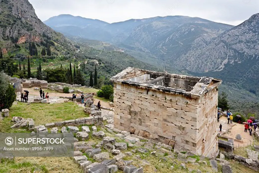 View of the Sanctuary of Apollo with the Athenian Treasury on the right, Delphi, Greece