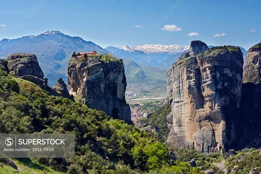 Greece, Meteora, Kastraki, Holy Monastery of Agia Triada (Holy Trinity) built on top of sandstone rock pillars