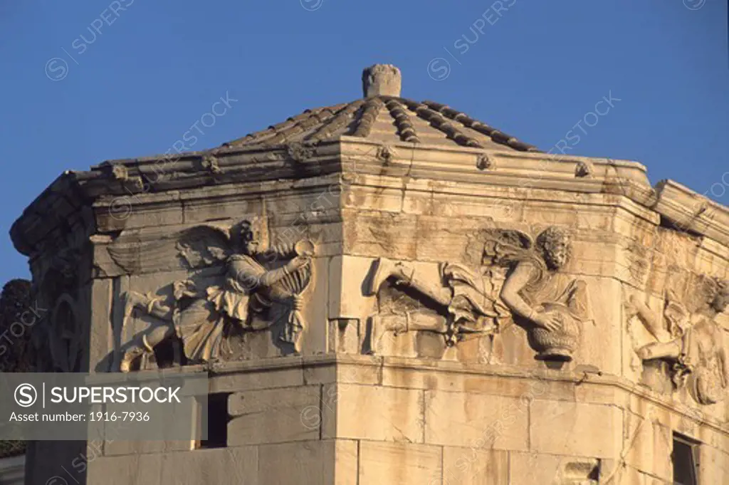 Athens, Greece. Detail of Eight Wind tower.Plaka area