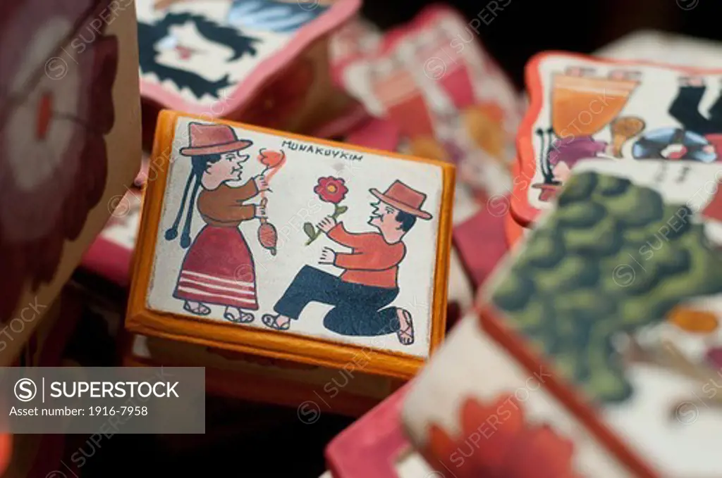 Peru, Ayacucho, handicraft. Box painted in the style of Tabla de Sarhua