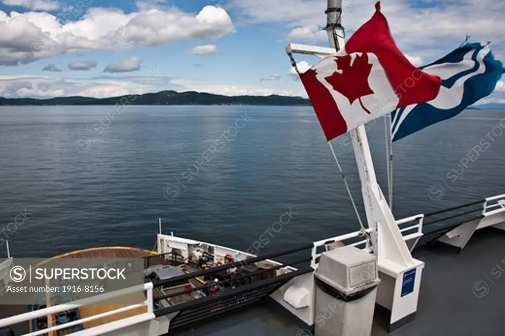 Views of Strait of Georgia and Gulf Islands from the exterior of a BC Ferry. British Columbia, Canada