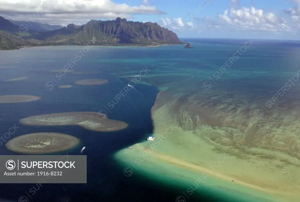 Aerial view of sandbars and coral reefs in Kaneohe Bay, Oahu, Hawaii, USA