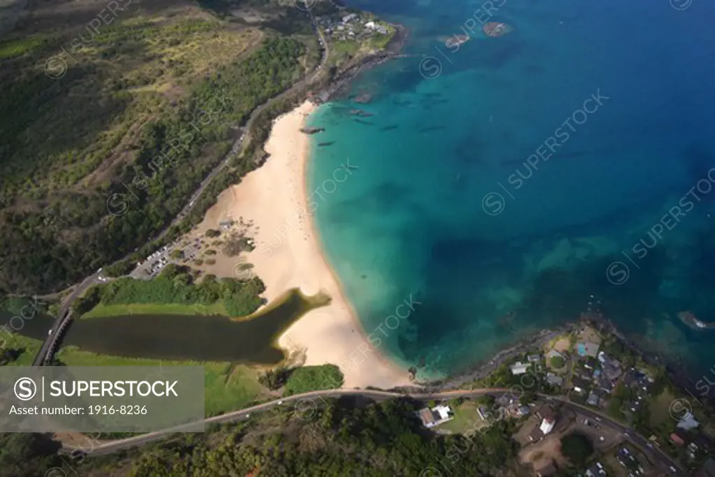 Aerial view of Waimea Bay, North Shore of Oahu, Hawaii, USA
