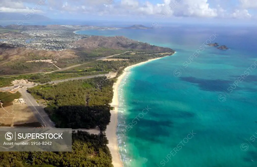 Aerial view of Bellows Beach, Oahu, Hawaii, USA