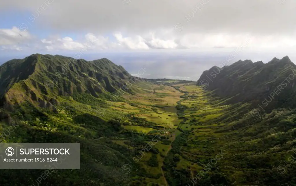 Aerial view of Kualoa valley, Oahu, Hawaii, USA