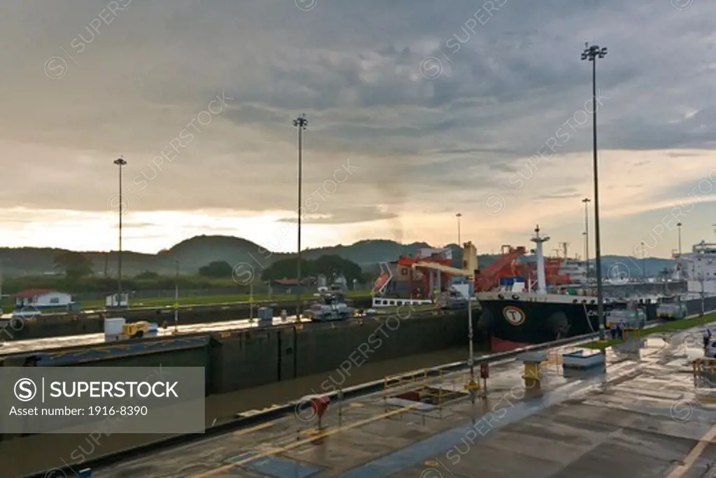 Transport ship at Panama Canal in the afternoon, Panama city, Central America