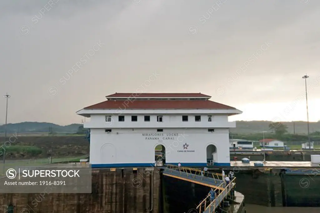 Miraflores locks in the Panama Canal and the control building. Miraflores, Panamá Canal, panam,a City, Central America.