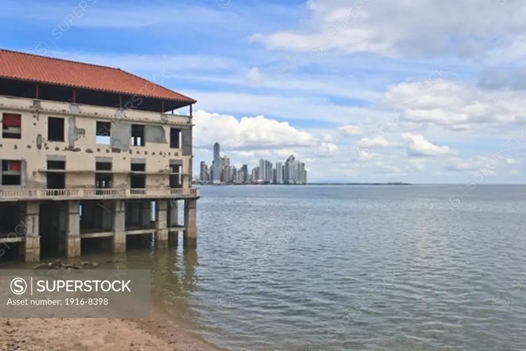 View of spanish colonial archetecture and the new buildings, Casco Viejo District, Panama City