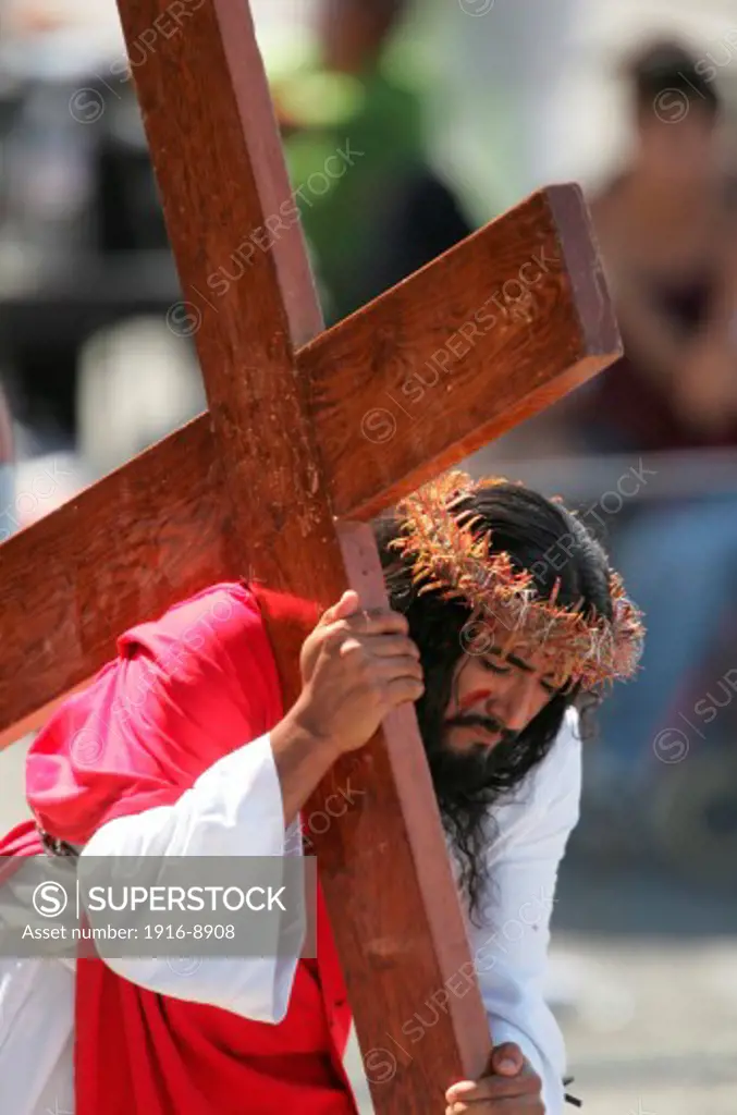 Good Friday, The Crucifixion. Catolic celebration of the Holly Week. The death of Jesus on the cross represented in San Luis Potosi, Mexico.