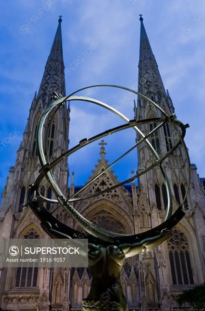 St Patrickå«s Cathedral and Statue of the god atlas, New York City, USA