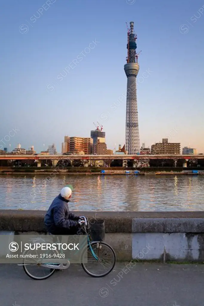 Man looking the Tokyo Sky Tree under construction from Sumida Koen Park, Asakusa District, Tokyo, Japan