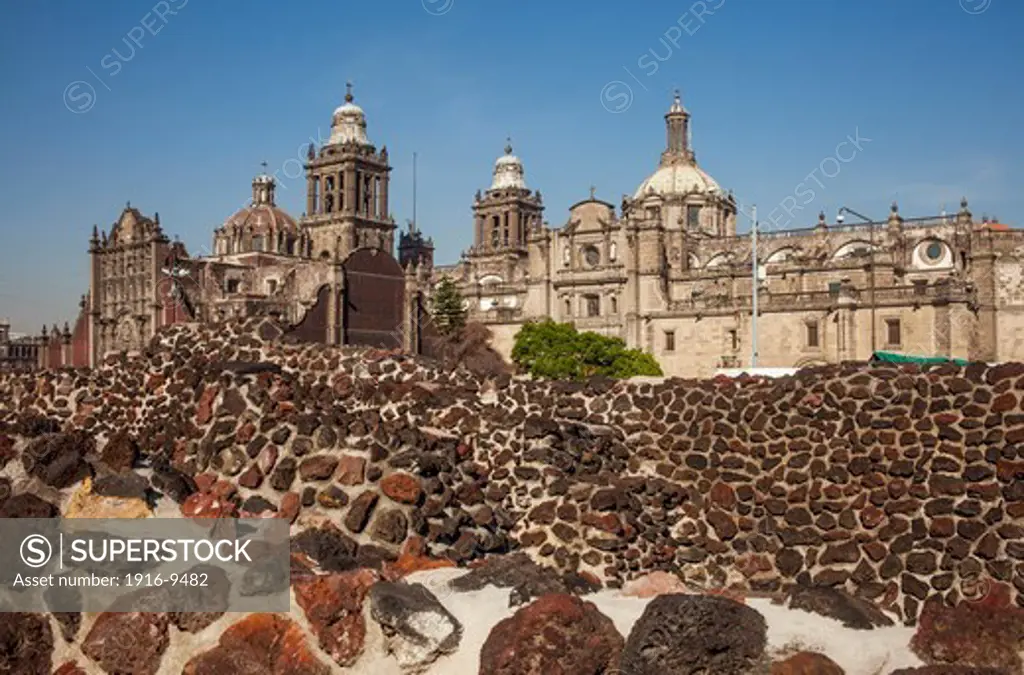 The Aztecs Ruins of Templo Mayor, Archaeological Site, in backgroubd The Metropolitan Cathedral, historic center, Mexico City, Mexico
