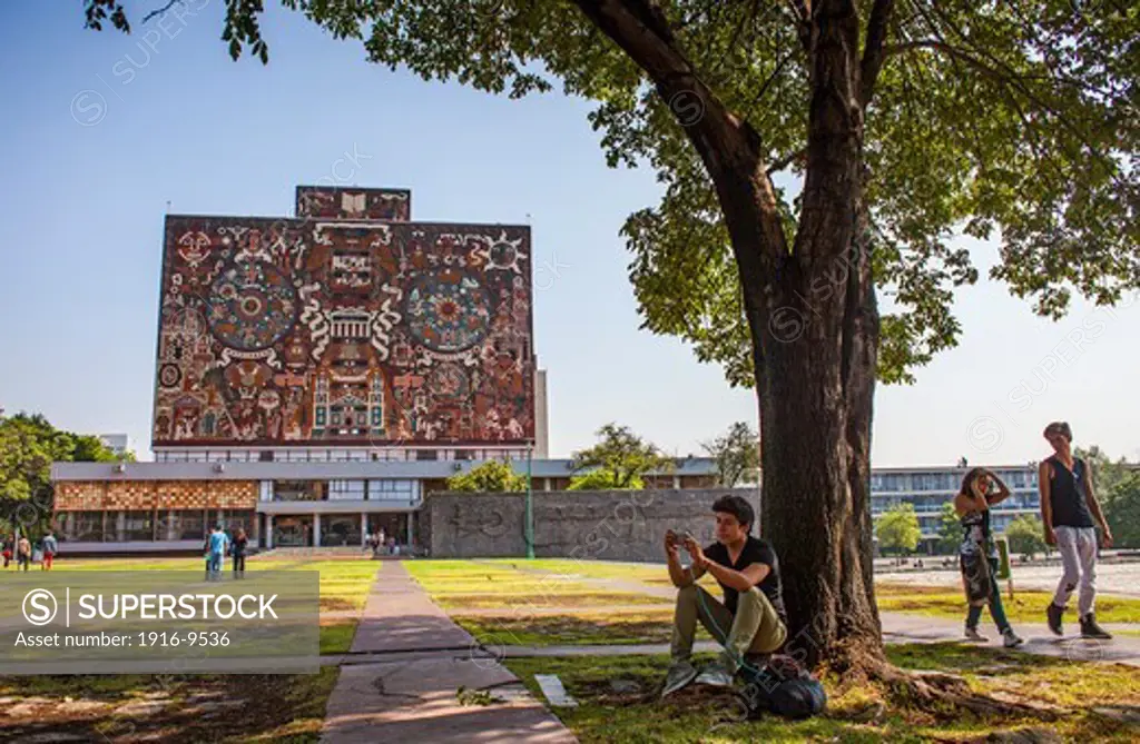 `RepresentaciÌ_n histÌ_rica de la culturaå«, mural by Juan O'Gorman on the facade of the library, campus of the Universidad Nacional AutÌ_noma de Mexico UNAM listed as World Heritage by UNESCO, Mexico City, Mexico
