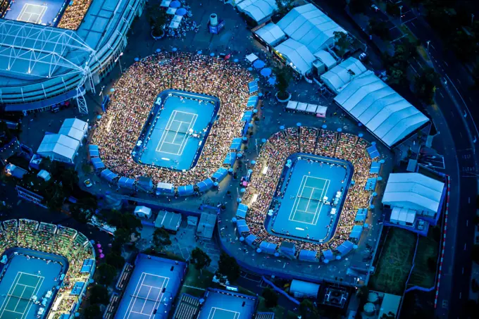 Dusk aerial view of the Australian Open Tennis tournament.  At Rod Laver Arena.