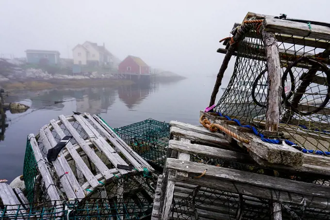 Lobster traps line the harbor in Nova Scotia, Canada.