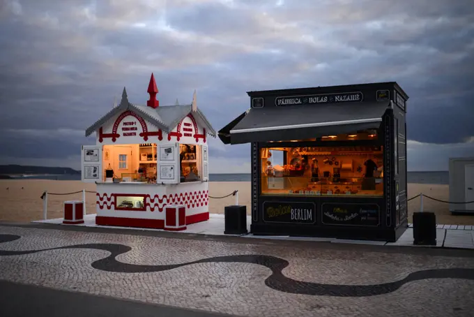 Food stands on the beach of Nazare, Portugal