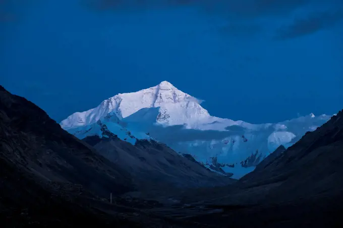 Mount Everest North Face seen from Rongbuk Monastery during sunset