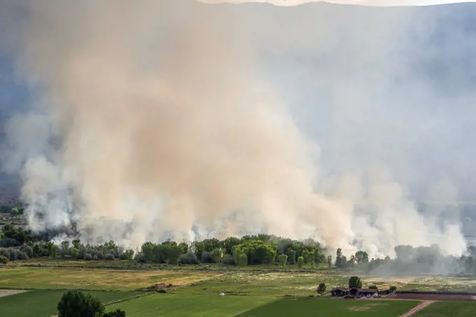 A wildfire burning in The Nature Conservancy Scott M. Matheson Wetlands Reserve near Moab, Utah, threatening a nearby farm.