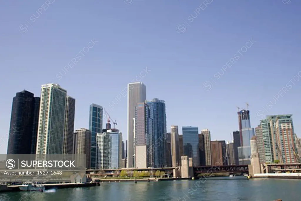 Chicago skyline viewed from the Chicago River Chicago  Illinois