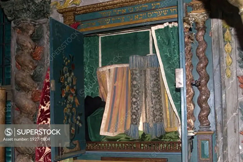 Holy Ark open showing Torahs in 18th century Jewish Synagogue Cherasco  Italy