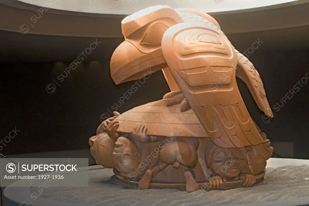 Raven and First Man by Bill Reid shows creation legand of Haida tribe with Raven talking man out of its hideout in a shell into this worlf - depicted on the back of the Canada 20 bill Museum of Anthropology  Vancouver  Canada